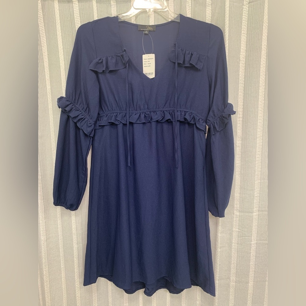 Suzanne Betro Dress w/ Ruffle Trim Long Sleeves Navy‎ Blue Size S
